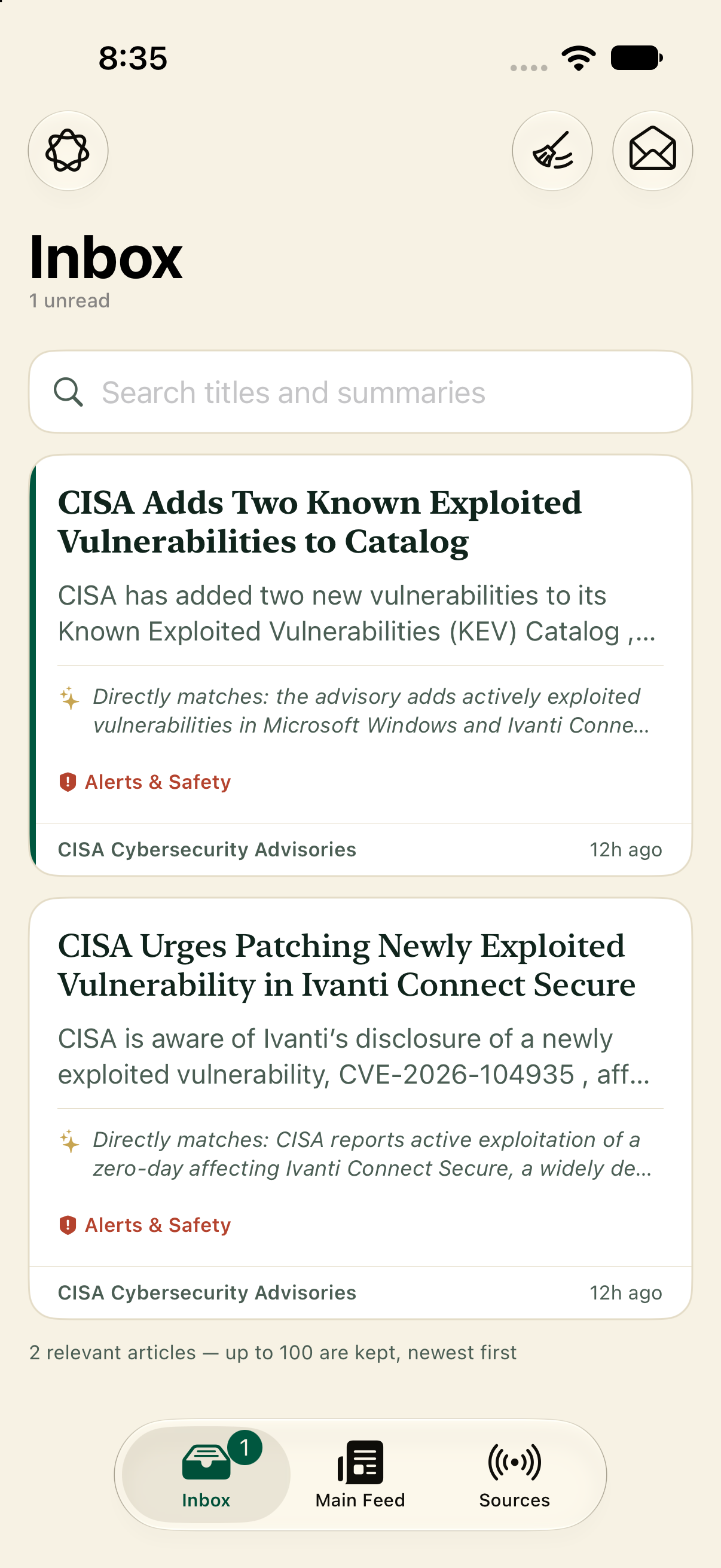 Burrow & Brew's Inbox with curated articles, relevance explanations, and source timestamps.